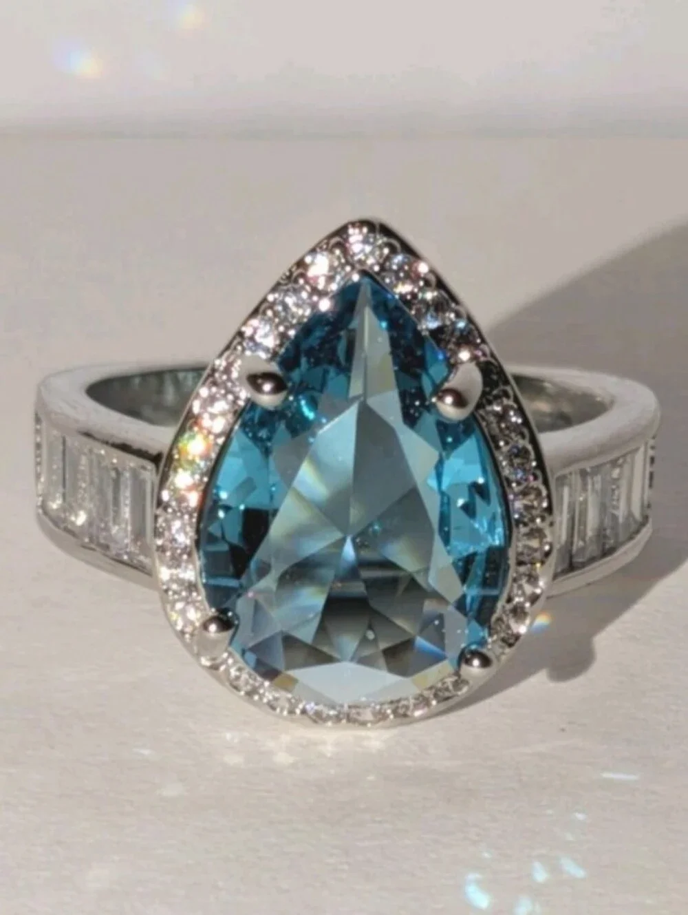 Shimmering 5ct Pear Cut Lab Created Blue Topaz Ring 14k White Gold Plated Sz 6
